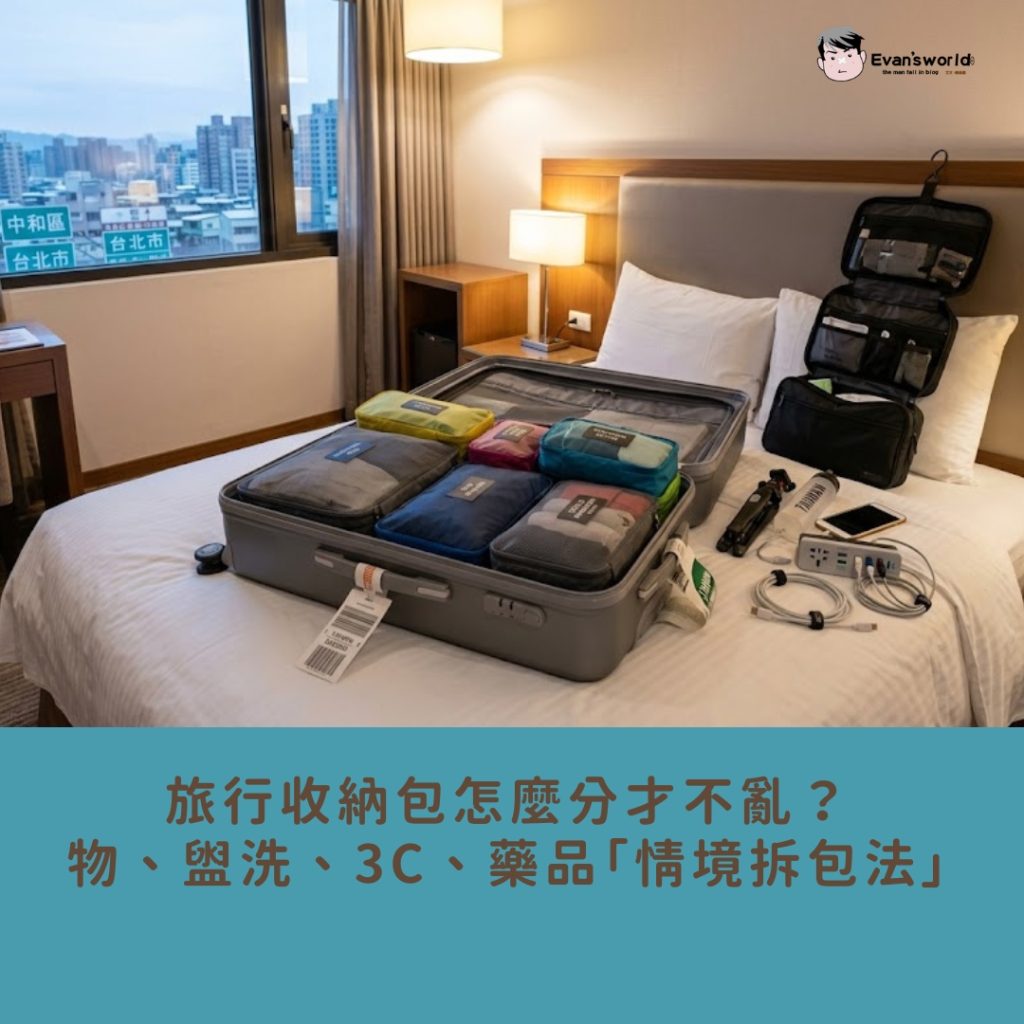 旅行收納包怎麼分才不亂？衣物、盥洗、3C、藥品「情境拆包法」